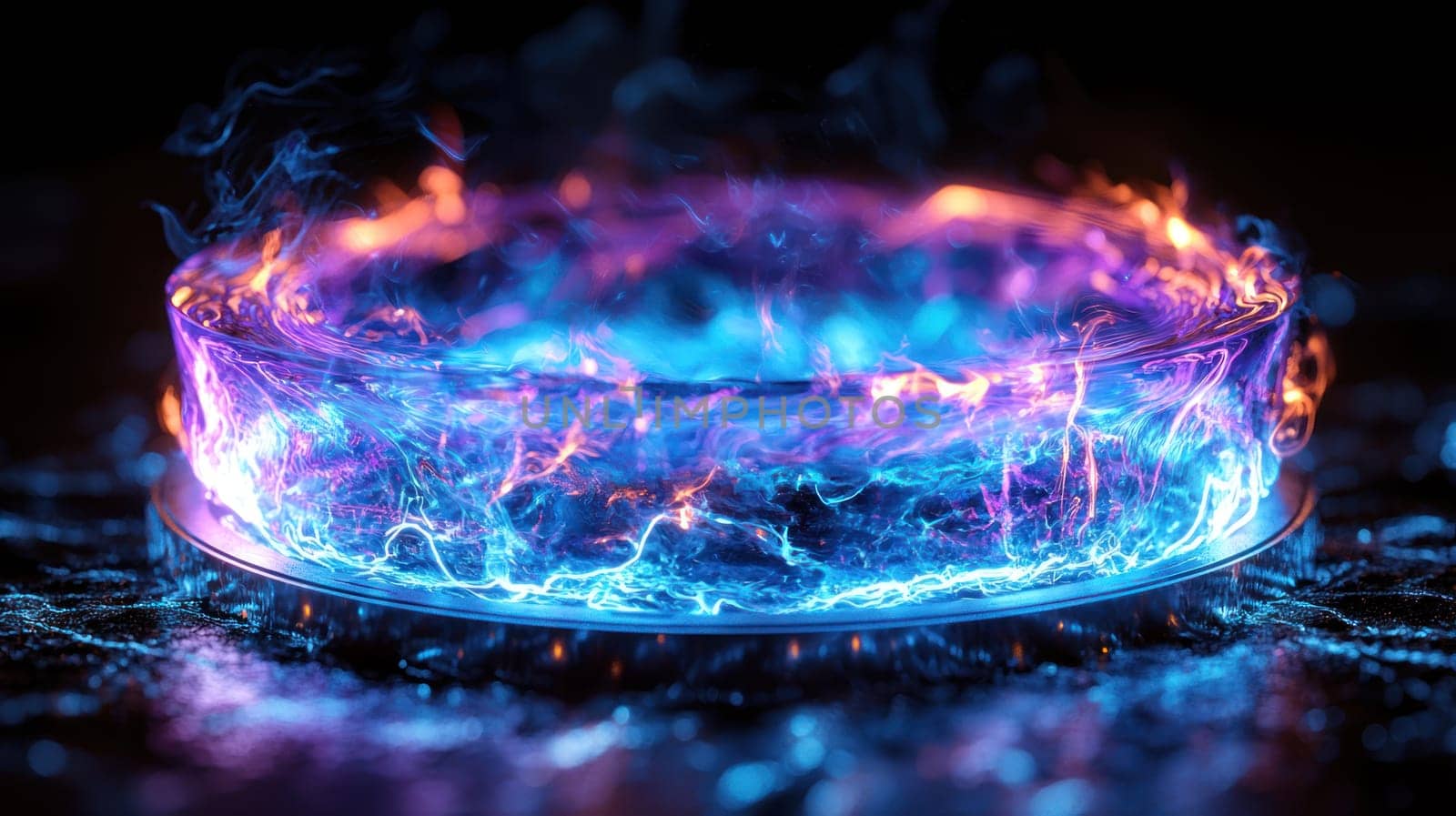 A vibrant display of blue and purple plasma swirling in glowing circular formation, creating mesmerizing visual effect