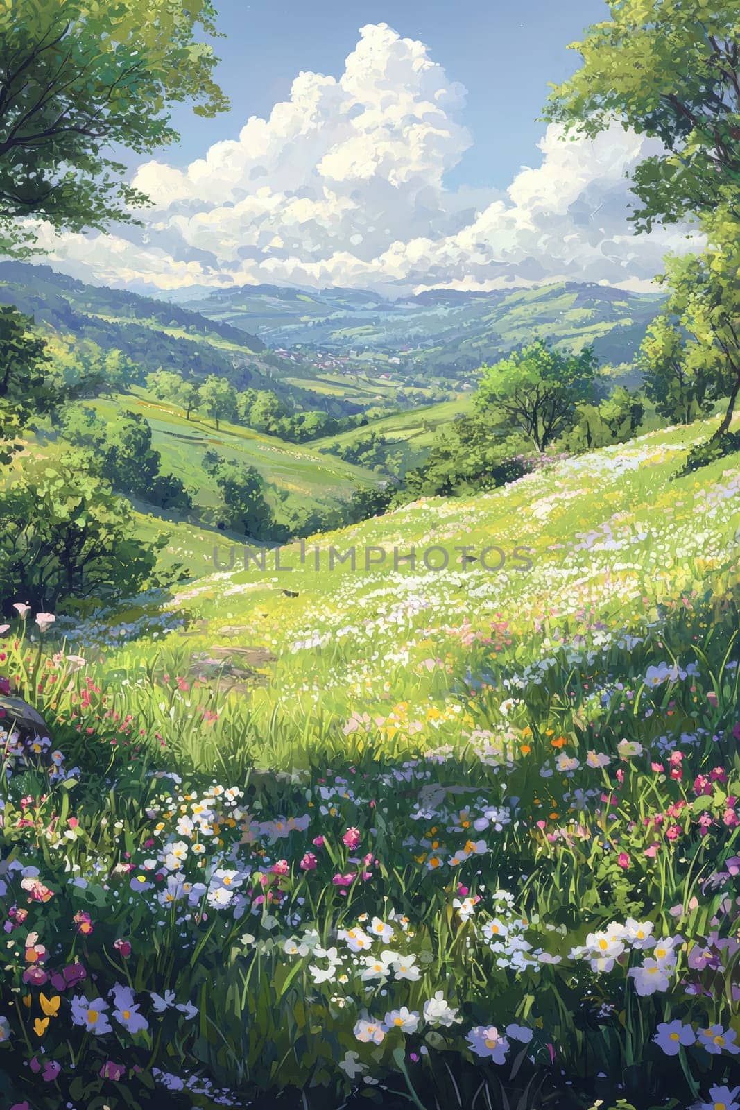 Rolling green hills adorned with blooming wildflowers offer a serene view, framed by scattered trees under a bright sky. birds soar above, enhancing the peaceful, spacious ambiance ideal for springtime and nature-themed designs.