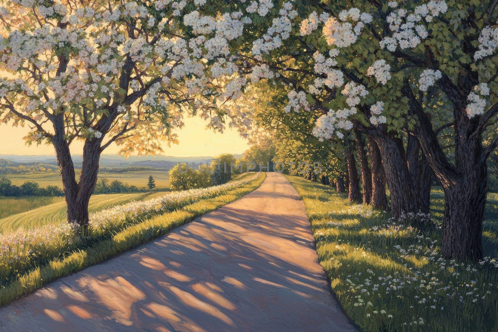 A serene country road, flanked by blossoming trees and lush green fields, basking in the warm glow of a sunrise. long shadows stretch across the landscape, evoking feelings of nostalgia and tranquility, perfect for natural-themed designs.