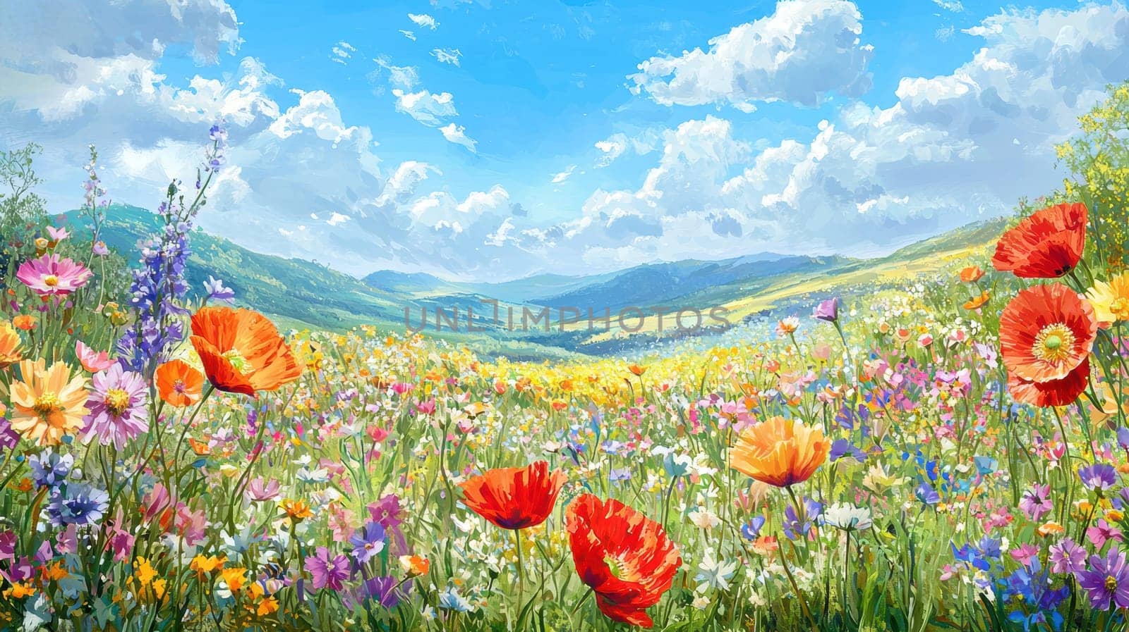 Lush field of wild poppies and diverse spring flowers beneath a vivid blue sky, embodying the essence of spring. ideal for commercial designs, invoking joy and freshness through natural beauty and vibrant colors.