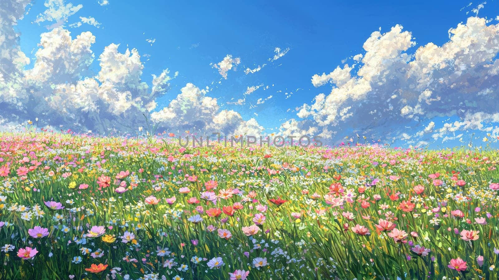 A breathtaking wildflower field stretches beneath a bright blue sky dotted with fluffy clouds, creating a vibrant and cheerful spring atmosphere. the lush green grass and colorful blooms evoke renewal and joy, perfect for seasonal designs.