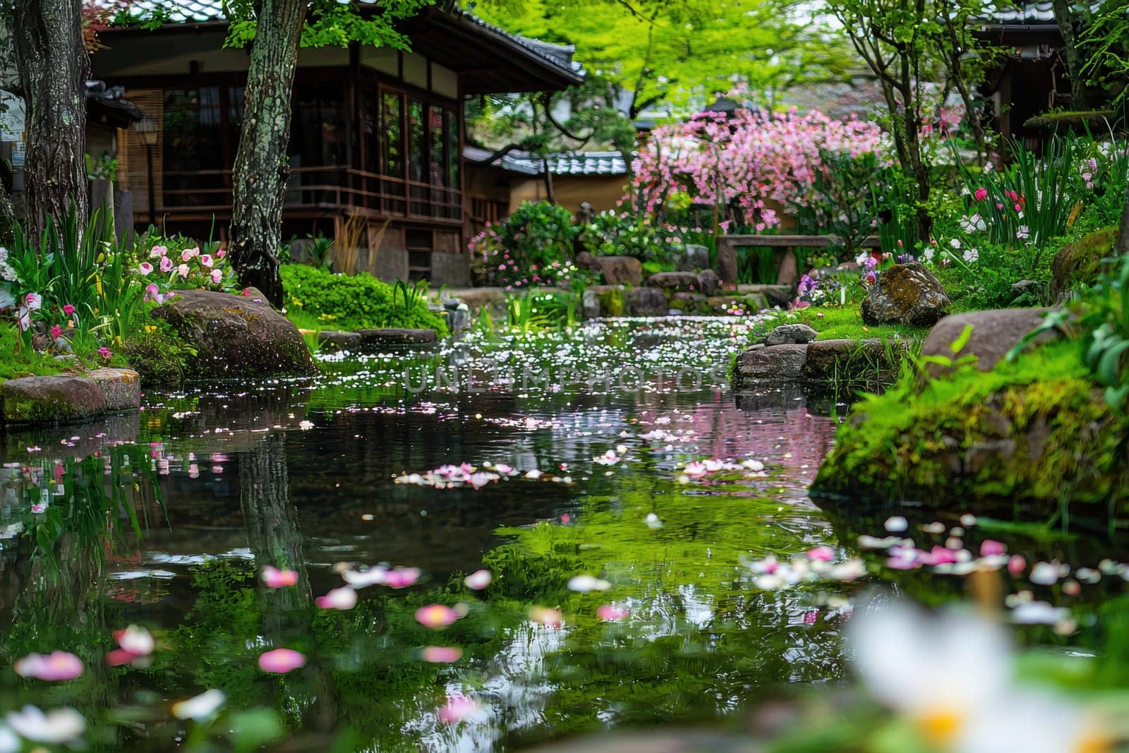 A serene spring garden features a small pond surrounded by vibrant blooming flowers and lush greenery. soft reflections on the water surface enhance the tranquil, natural atmosphere, creating a peaceful outdoor haven.