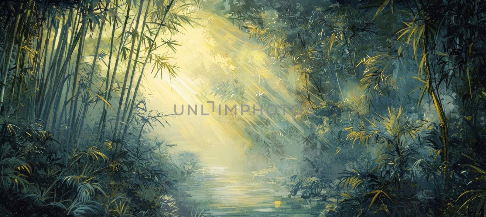 Misty morning light filters through towering bamboo in a spring forest, fresh shoots and creating a serene atmosphere. the soft sunlight casts gentle shadows, enhancing the exotic and peaceful nature of the scene.