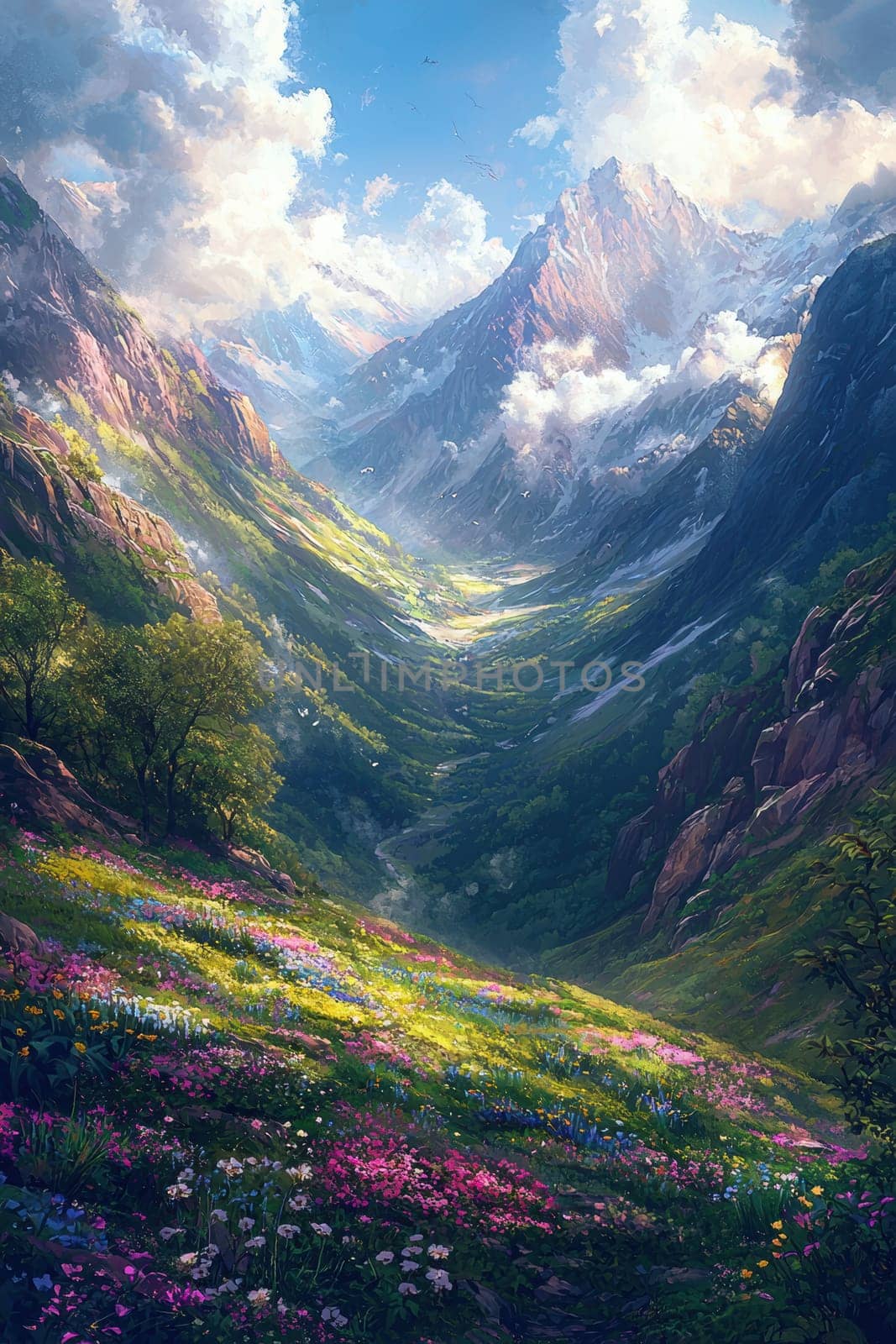 A breathtaking view of a mountain valley in spring, adorned with vibrant wildflowers and dappled sunlight. majestic peaks and lush greenery create an inspiring scene, perfect for nature-themed designs or calming backgrounds.