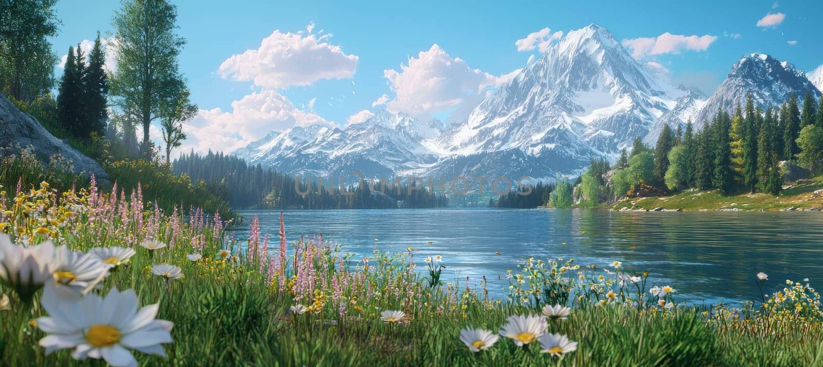 Scenic view of a mountain lake surrounded by fresh greenery and vibrant wildflowers. snow-capped peaks rise in the background, creating a breathtaking and invigorating landscape perfect for outdoor adventure and springtime inspiration.