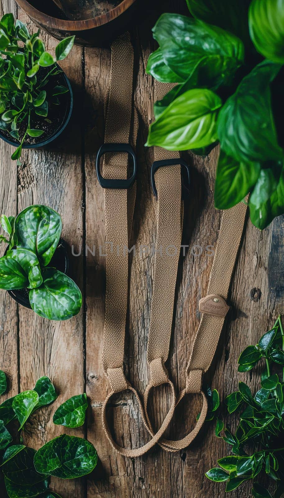 Eco-friendly lanyards made from recycled materials, displayed on a wooden surface surrounded by green plants. this setup highlights the theme of sustainability, showcasing environmentally conscious products for eco-centered designs and concepts.