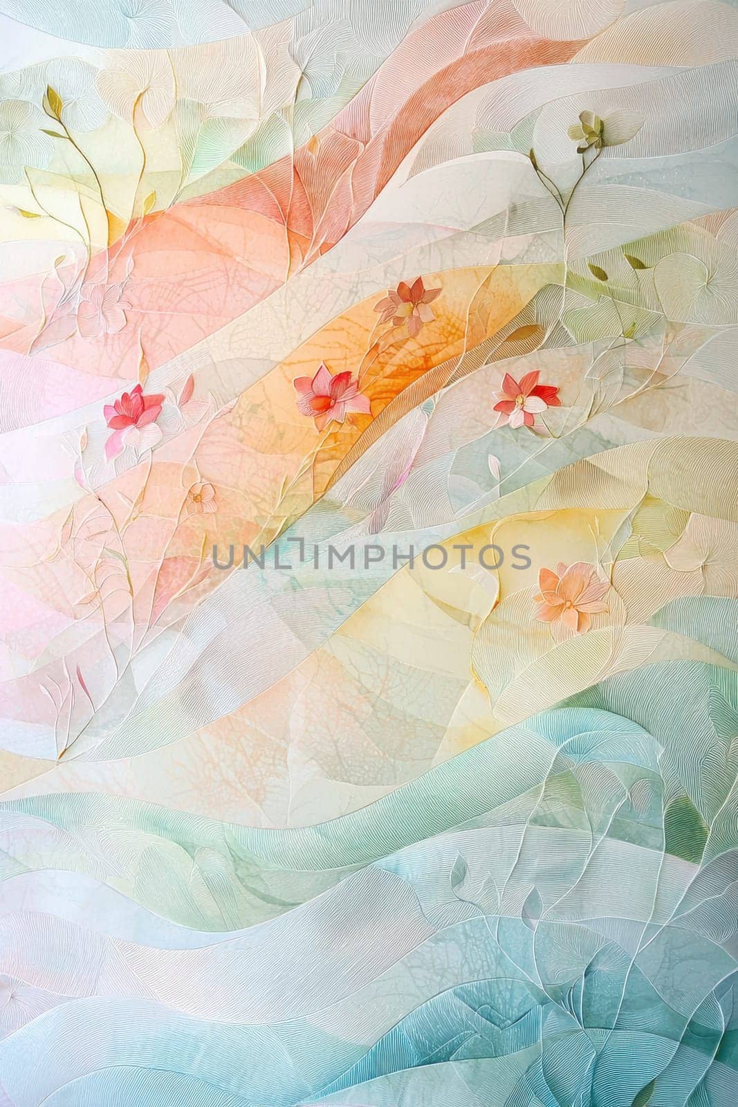 Delicate pastel waves intertwine with intricate floral patterns, creating a tranquil spring theme. ideal for seasonal advertising, design projects, or as a digital backdrop, this artwork embodies elegance and renewal.