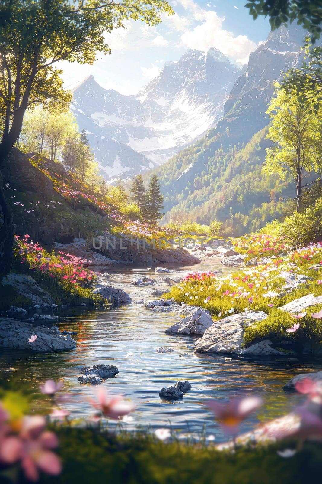 A serene mountain stream flows through vibrant spring foliage, with sunlight sparkling on the water. blooming flowers line the shore, creating a peaceful and picturesque natural scene amid lush greenery and towering trees.