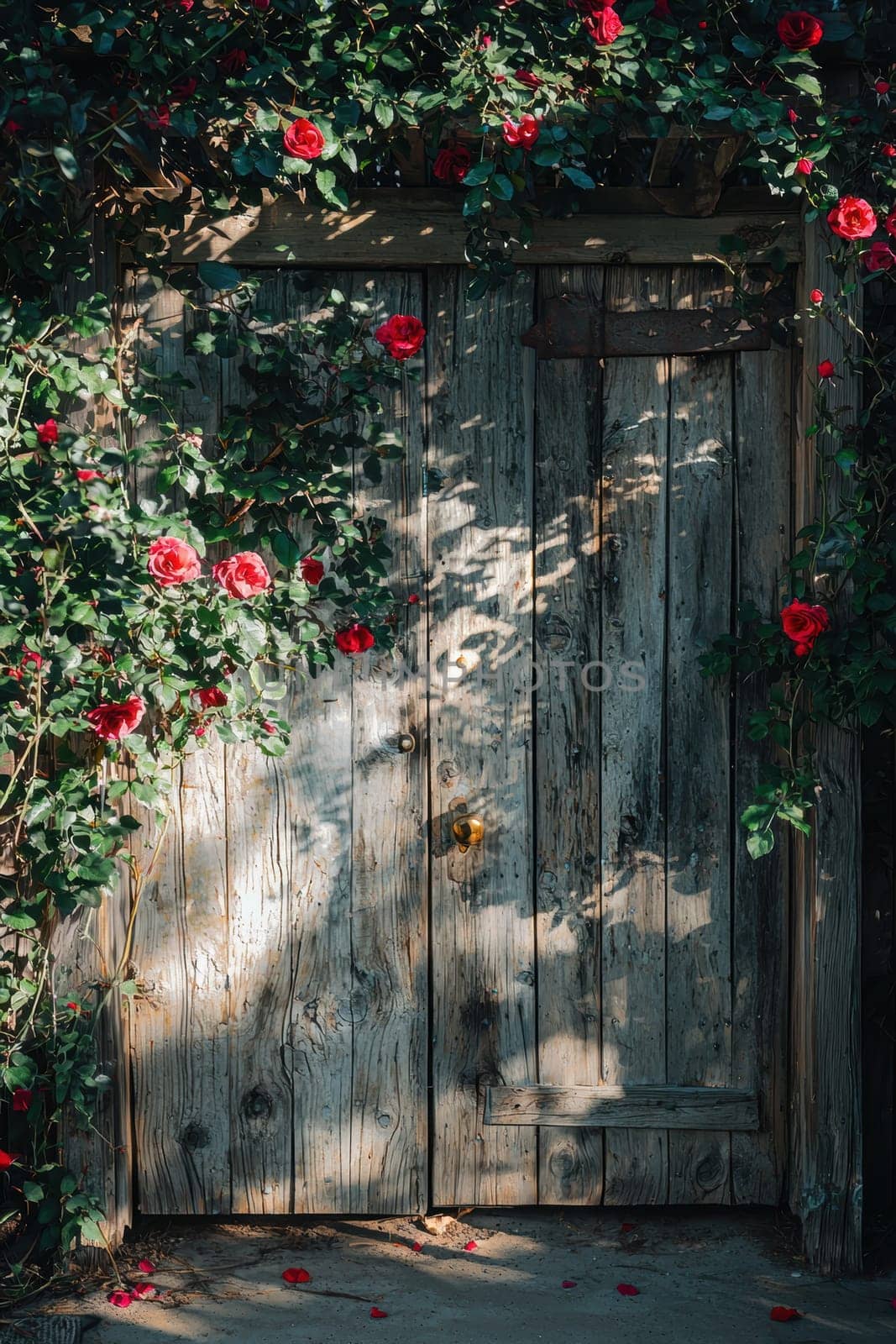 Rustic garden gate adorned with lush climbing roses and vibrant greenery. soft sunlight filters through, casting gentle shadows on a stone path, creating a warm, inviting atmosphere perfect for outdoor and garden-themed designs.