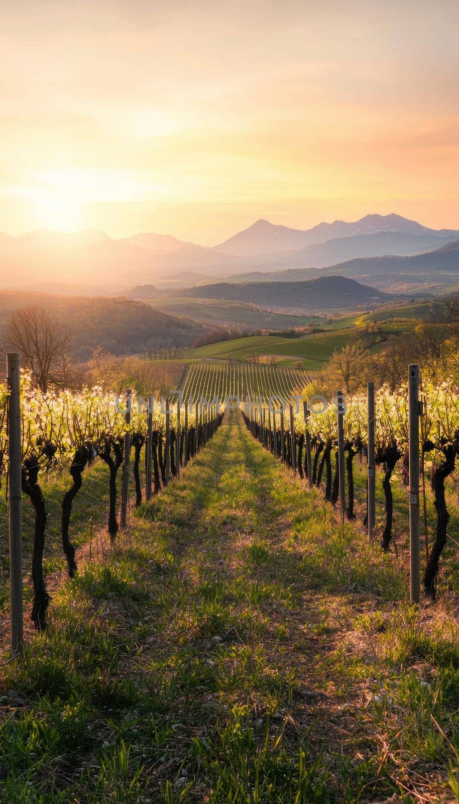 Scenic vineyard in early spring features rows of budding vines under a soft golden sunrise. the landscape showcases rolling hills and distant mountains, providing a picturesque and serene rural backdrop, perfect for spring-themed designs.