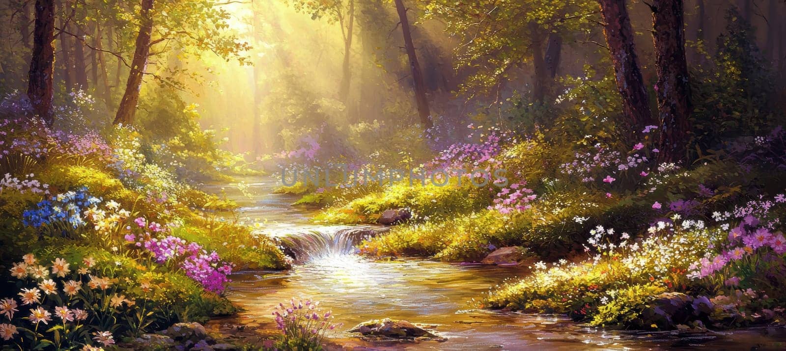 A peaceful stream winds through a verdant forest, with sunlight filtering through the trees. vibrant spring flowers bloom along the banks, creating a serene and enchanting landscape. ideal for use in tranquil nature background designs.