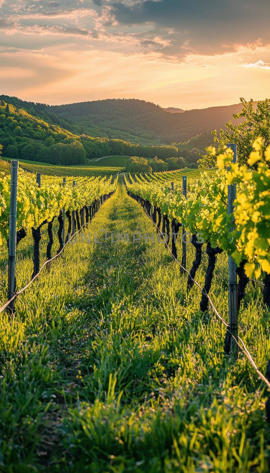 A serene spring sunrise bathes a vineyard in soft light, rows of budding vines. lush green hills form a picturesque backdrop, creating a tranquil and rustic ambiance perfect for designs focused on nature and serenity.
