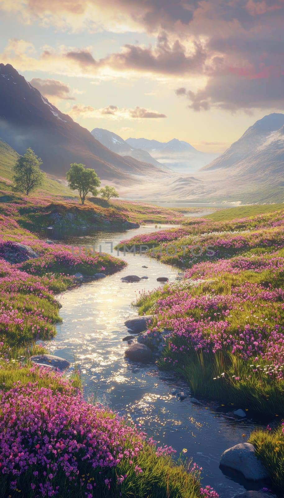 Idyllic spring river meandering through a valley abundant with flowers, bordered by gentle hills and majestic mountains. sunlight sparkles on the water, adding a touch of serenity and refreshing allure to the picturesque landscape.