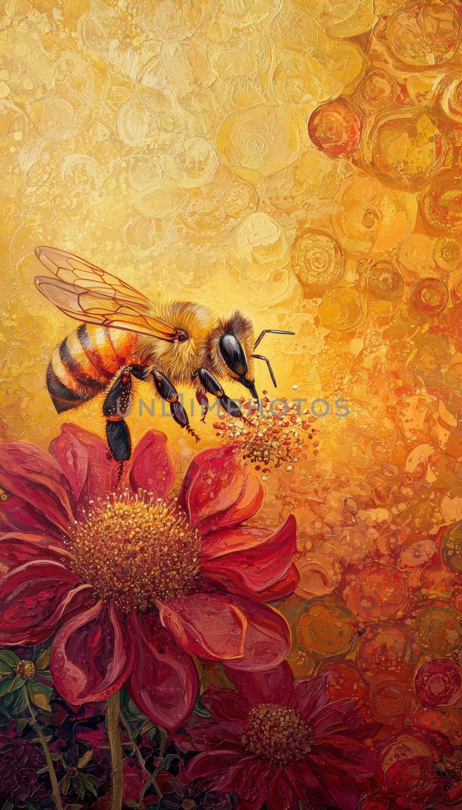 A close-up shot of a honeybee collecting pollen from a vibrant spring flower. the scene is bathed in soft, golden sunlight, the bee's delicate wings and the blossom's petals, making it perfect for a lively nature-inspired background.