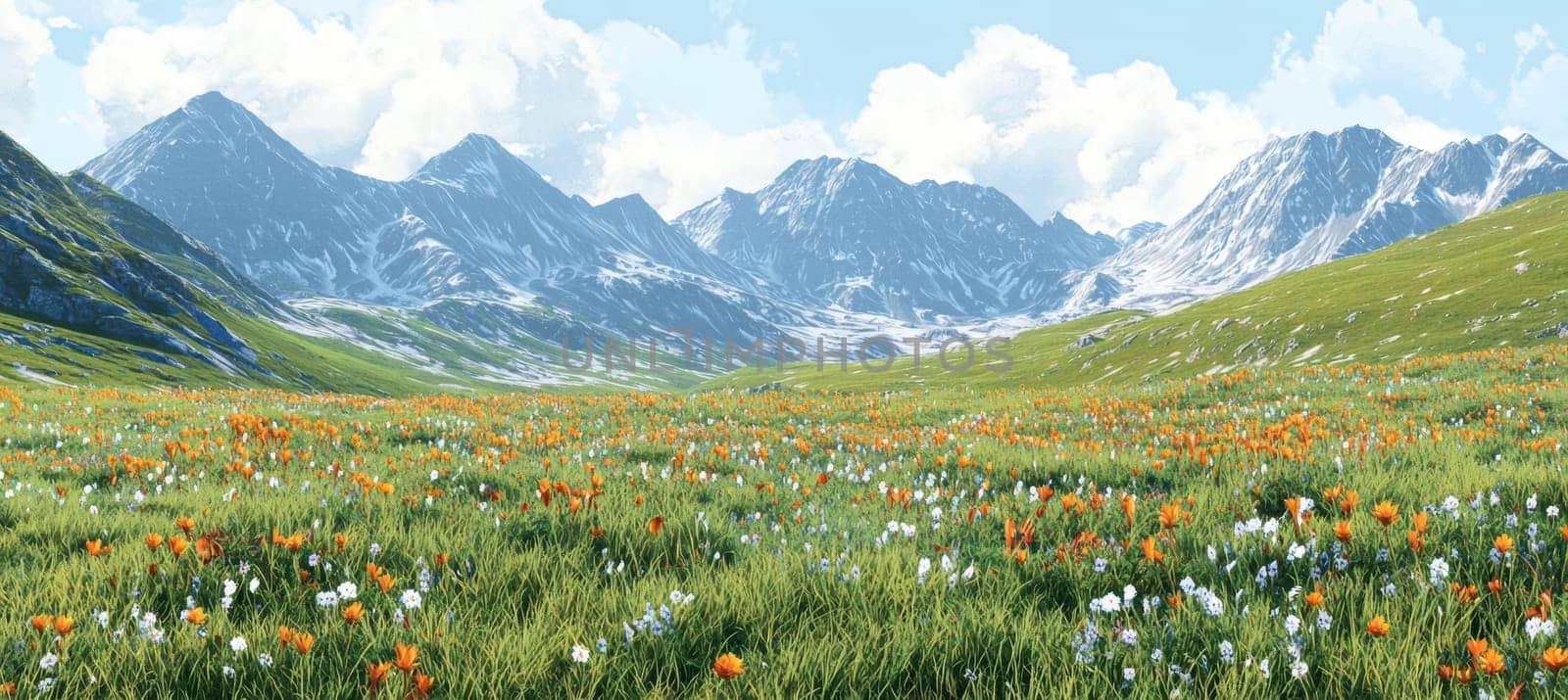 Scenic view of a mountain landscape during spring, showcasing vibrant patches of blooming flowers and lush green grass. the majestic peaks provide a backdrop of adventure and freshness, ideal for nature-themed designs and posters.