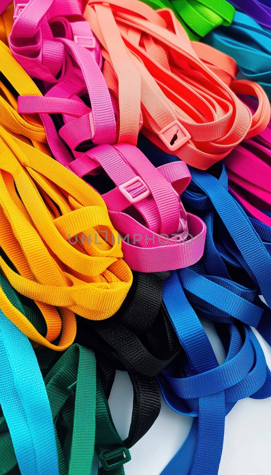 Colorful lanyards arranged on a white table, featuring unique branding and vibrant hues. ideal for promotional materials, trade shows, and events, showcasing a spectrum of colors perfect for customization and brand representation.