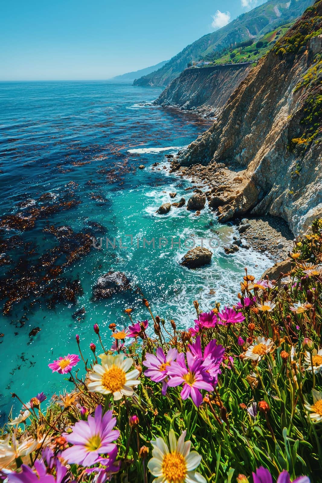 A scenic coastal cliff adorned with colorful wildflowers overlooking a clear blue ocean. gentle waves lap against the rocks, creating a refreshing and adventurous seaside atmosphere ideal for backgrounds and designs.