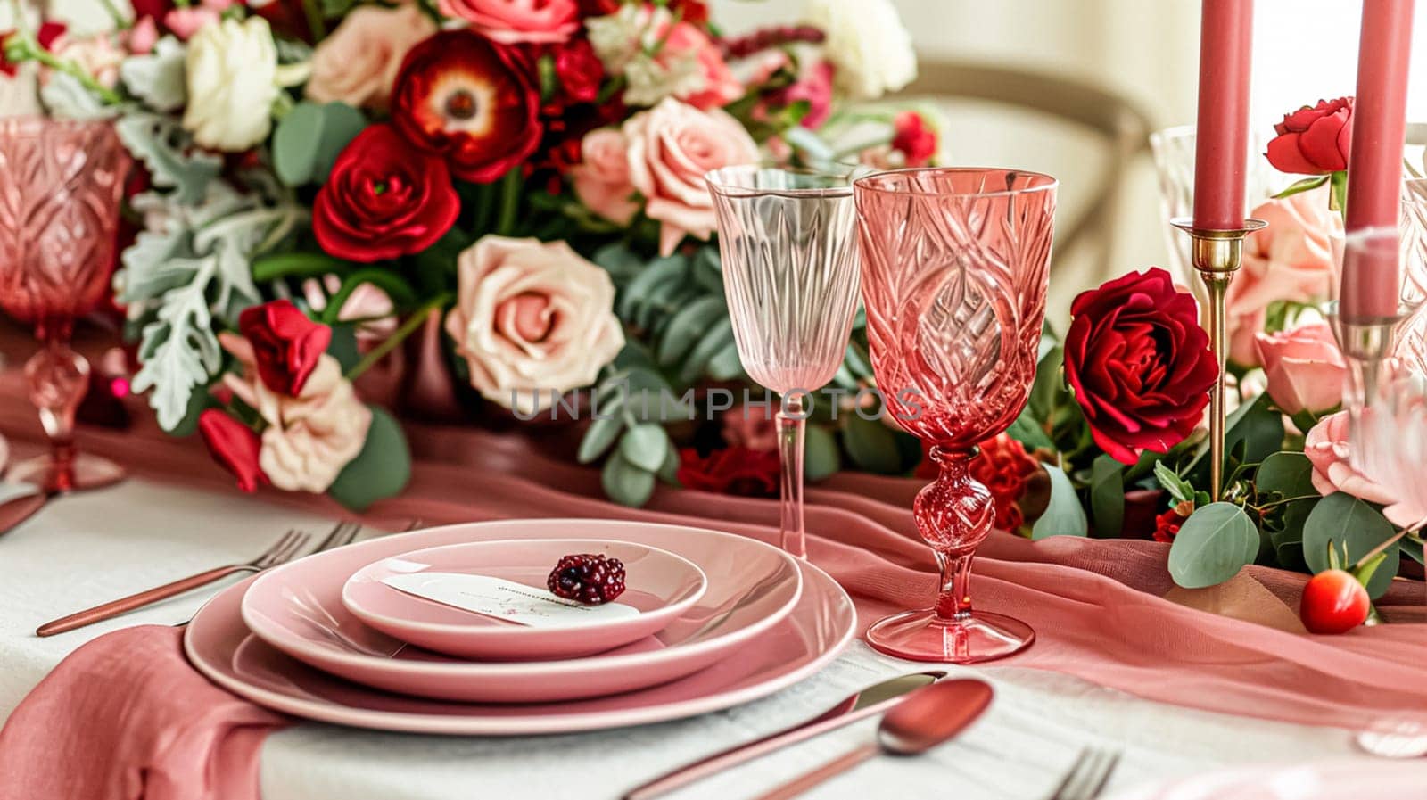Festive table setting with candles and arrangement of beautiful red flowers. Holiday concept. High quality photo