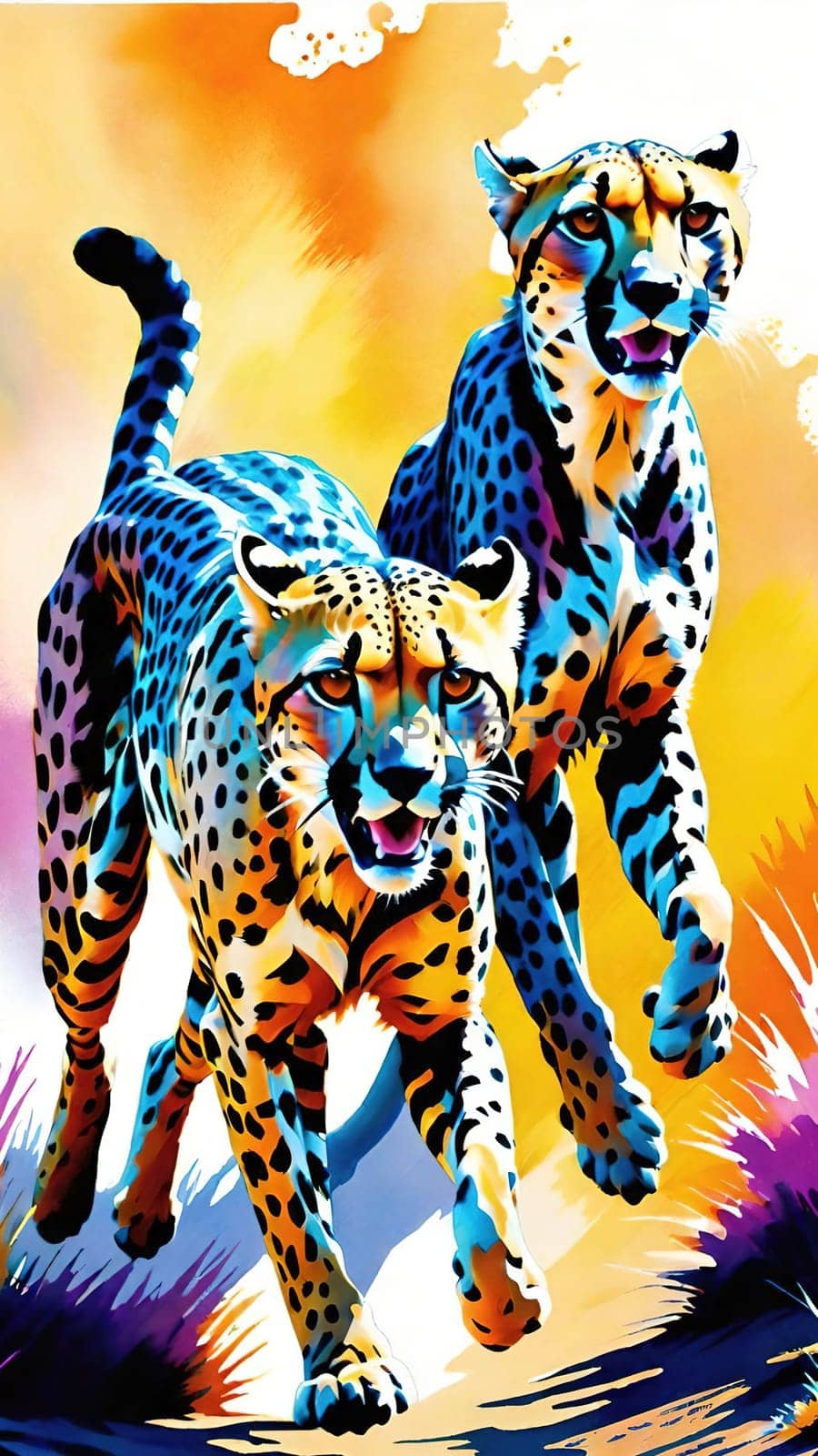 Dynamic Cheetahs in Full Sprint.Two cheetahs in full sprint, showcasing their incredible speed and agility. The cheetahs are depicted with vivid colors and sharp details, emphasizing their muscular build and distinctive spotted coats. The background is a blur of colors, suggesting the high speed at which these magnificent animals are moving. This image is perfect for illustrating the grace and power of wildlife in motion.