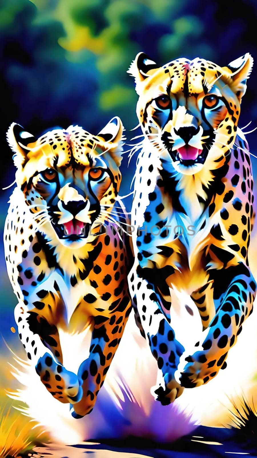 Dynamic Cheetahs in Full Sprint.Two cheetahs in full sprint, showcasing their incredible speed and agility. The cheetahs are depicted with vivid colors and sharp details, emphasizing their muscular build and distinctive spotted coats. The background is a blur of colors, suggesting the high speed at which these magnificent animals are moving. This image is perfect for illustrating the grace and power of wildlife in motion.