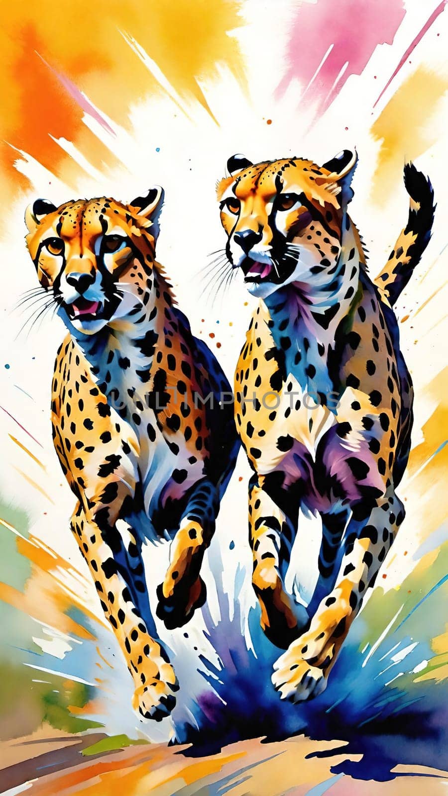 Dynamic Cheetahs in Full Sprint.Two cheetahs in full sprint, showcasing their incredible speed and agility. The cheetahs are depicted with vivid colors and sharp details, emphasizing their muscular build and distinctive spotted coats. The background is a blur of colors, suggesting the high speed at which these magnificent animals are moving. This image is perfect for illustrating the grace and power of wildlife in motion.