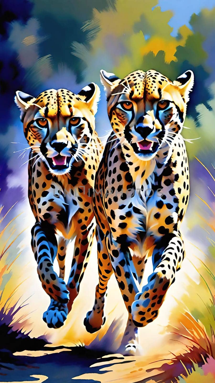 Dynamic Cheetahs in Full Sprint.Two cheetahs in full sprint, showcasing their incredible speed and agility. The cheetahs are depicted with vivid colors and sharp details, emphasizing their muscular build and distinctive spotted coats. The background is a blur of colors, suggesting the high speed at which these magnificent animals are moving. This image is perfect for illustrating the grace and power of wildlife in motion.