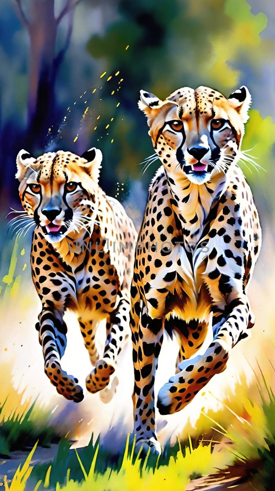 Dynamic Cheetahs in Full Sprint.Two cheetahs in full sprint, showcasing their incredible speed and agility. The cheetahs are depicted with vivid colors and sharp details, emphasizing their muscular build and distinctive spotted coats. The background is a blur of colors, suggesting the high speed at which these magnificent animals are moving. This image is perfect for illustrating the grace and power of wildlife in motion.