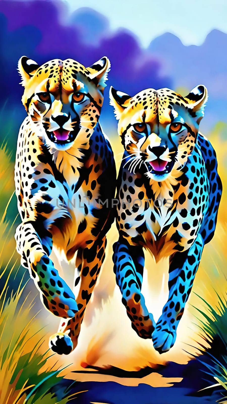 Dynamic Cheetahs in Full Sprint.Two cheetahs in full sprint, showcasing their incredible speed and agility. The cheetahs are depicted with vivid colors and sharp details, emphasizing their muscular build and distinctive spotted coats. The background is a blur of colors, suggesting the high speed at which these magnificent animals are moving. This image is perfect for illustrating the grace and power of wildlife in motion.
