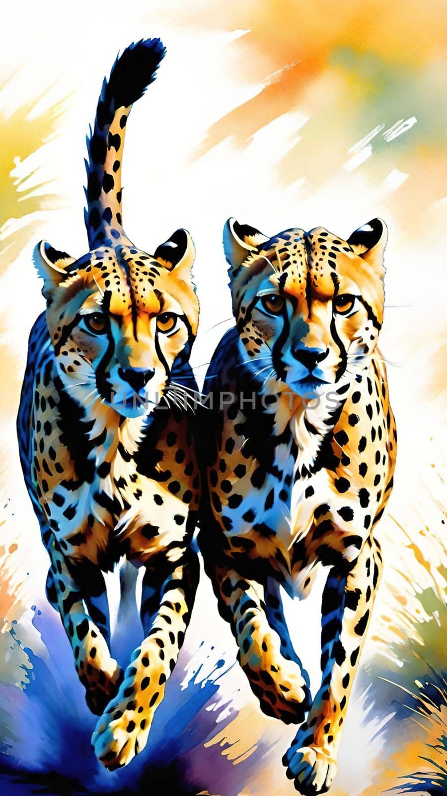 Dynamic Cheetahs in Full Sprint.Two cheetahs in full sprint, showcasing their incredible speed and agility. The cheetahs are depicted with vivid colors and sharp details, emphasizing their muscular build and distinctive spotted coats. The background is a blur of colors, suggesting the high speed at which these magnificent animals are moving. This image is perfect for illustrating the grace and power of wildlife in motion.