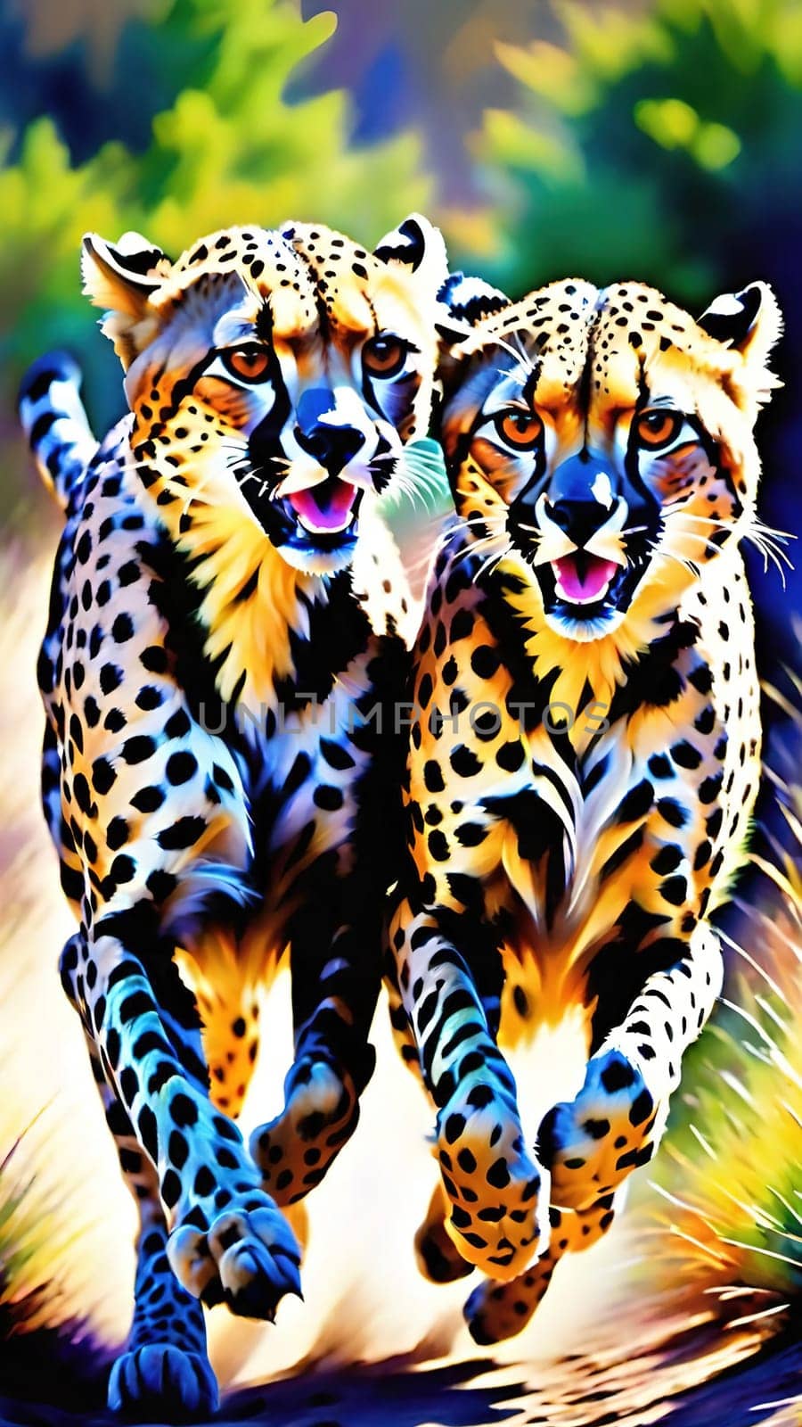 Dynamic Cheetahs in Full Sprint.Two cheetahs in full sprint, showcasing their incredible speed and agility. The cheetahs are depicted with vivid colors and sharp details, emphasizing their muscular build and distinctive spotted coats. The background is a blur of colors, suggesting the high speed at which these magnificent animals are moving. This image is perfect for illustrating the grace and power of wildlife in motion.