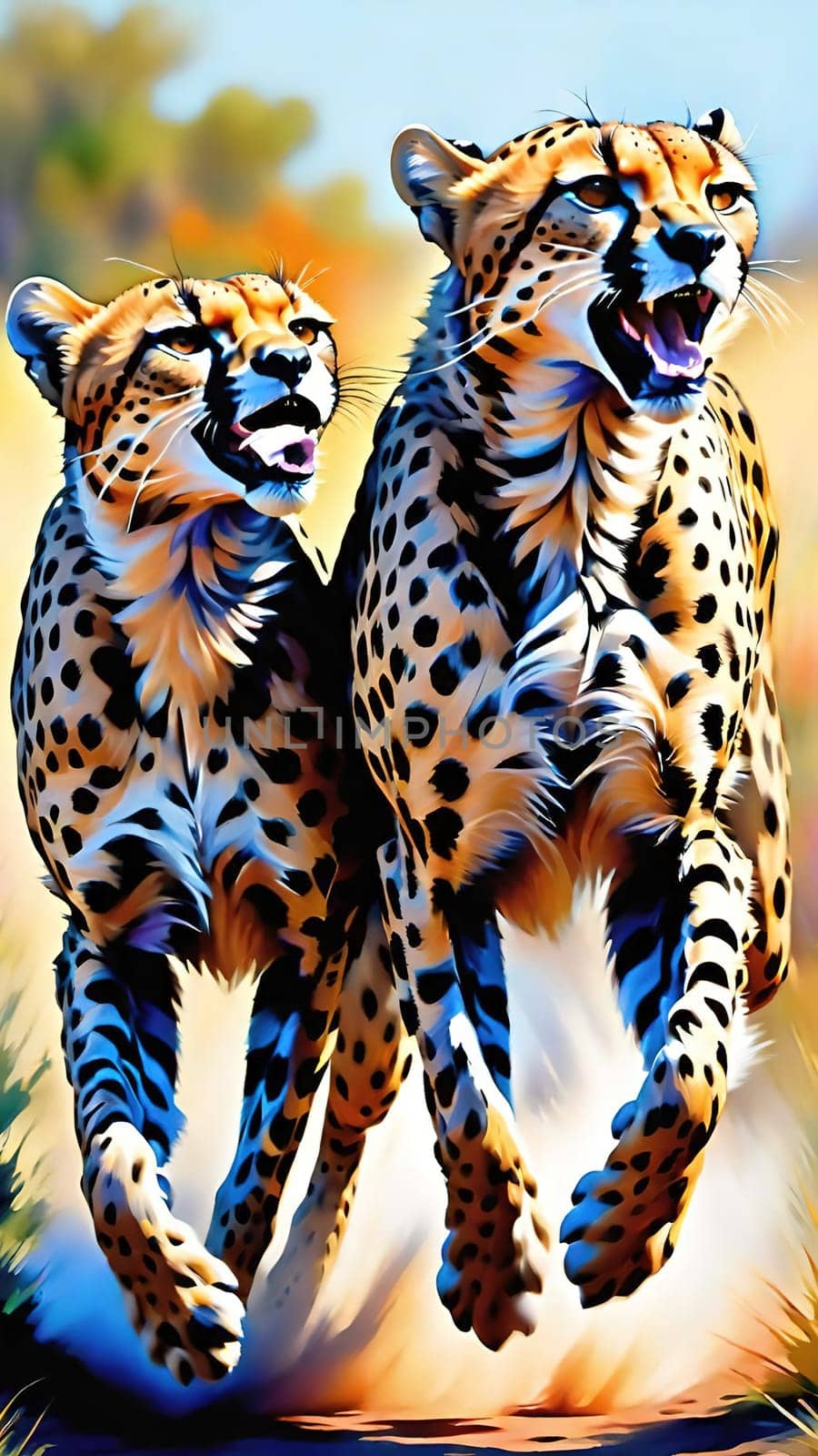 Dynamic Cheetahs in Full Sprint.Two cheetahs in full sprint, showcasing their incredible speed and agility. The cheetahs are depicted with vivid colors and sharp details, emphasizing their muscular build and distinctive spotted coats. The background is a blur of colors, suggesting the high speed at which these magnificent animals are moving. This image is perfect for illustrating the grace and power of wildlife in motion.