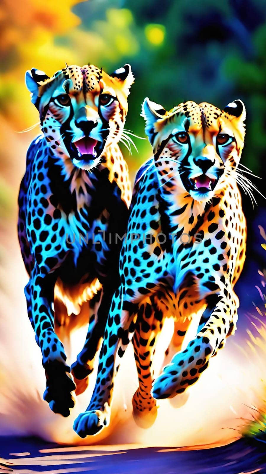 Dynamic Cheetahs in Full Sprint.Two cheetahs in full sprint, showcasing their incredible speed and agility. The cheetahs are depicted with vivid colors and sharp details, emphasizing their muscular build and distinctive spotted coats. The background is a blur of colors, suggesting the high speed at which these magnificent animals are moving. This image is perfect for illustrating the grace and power of wildlife in motion.