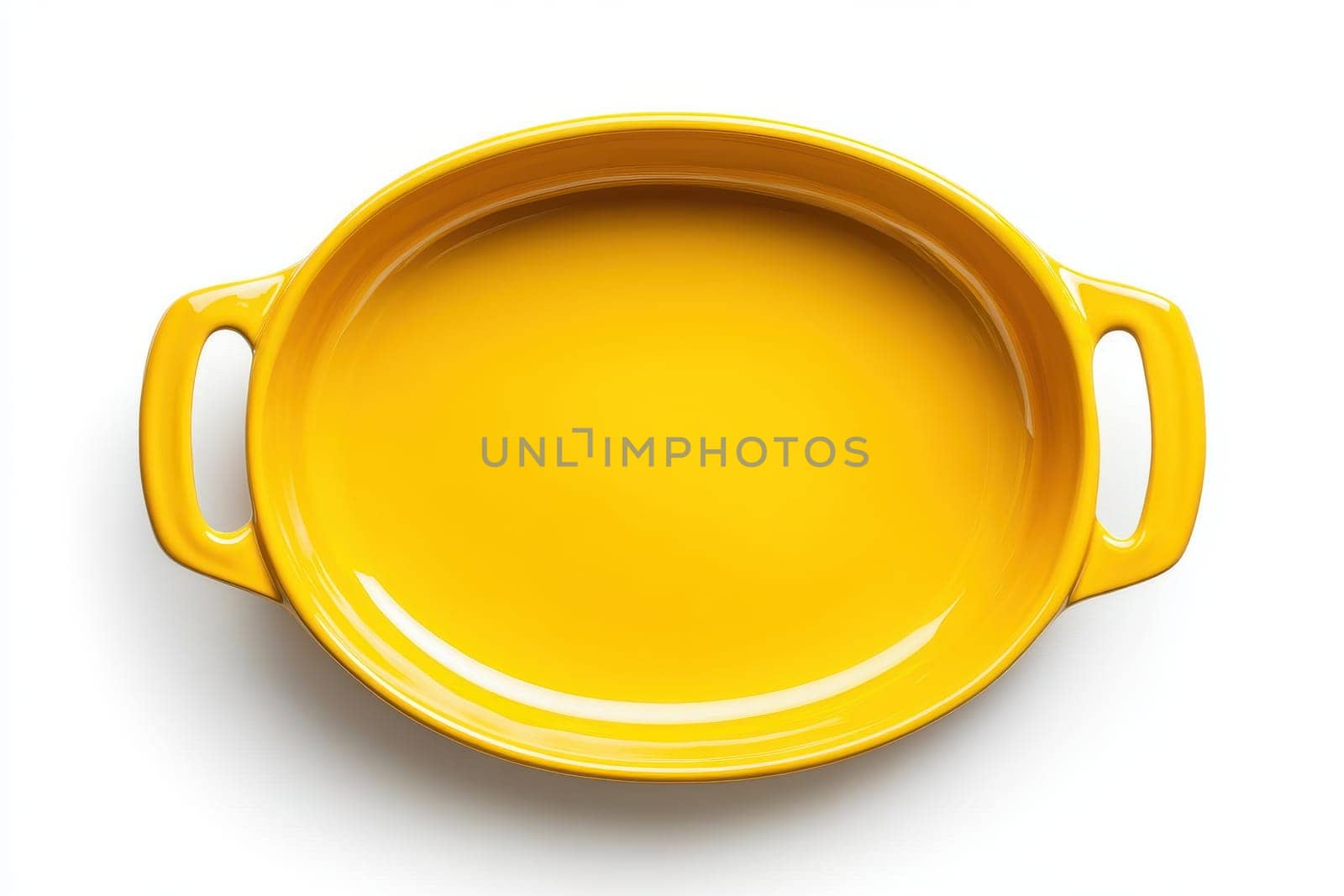 Bright yellow ceramic rectangular baking dish with ribbed handles, isolated on a white background, showcasing modern kitchenware for cooking and baking..