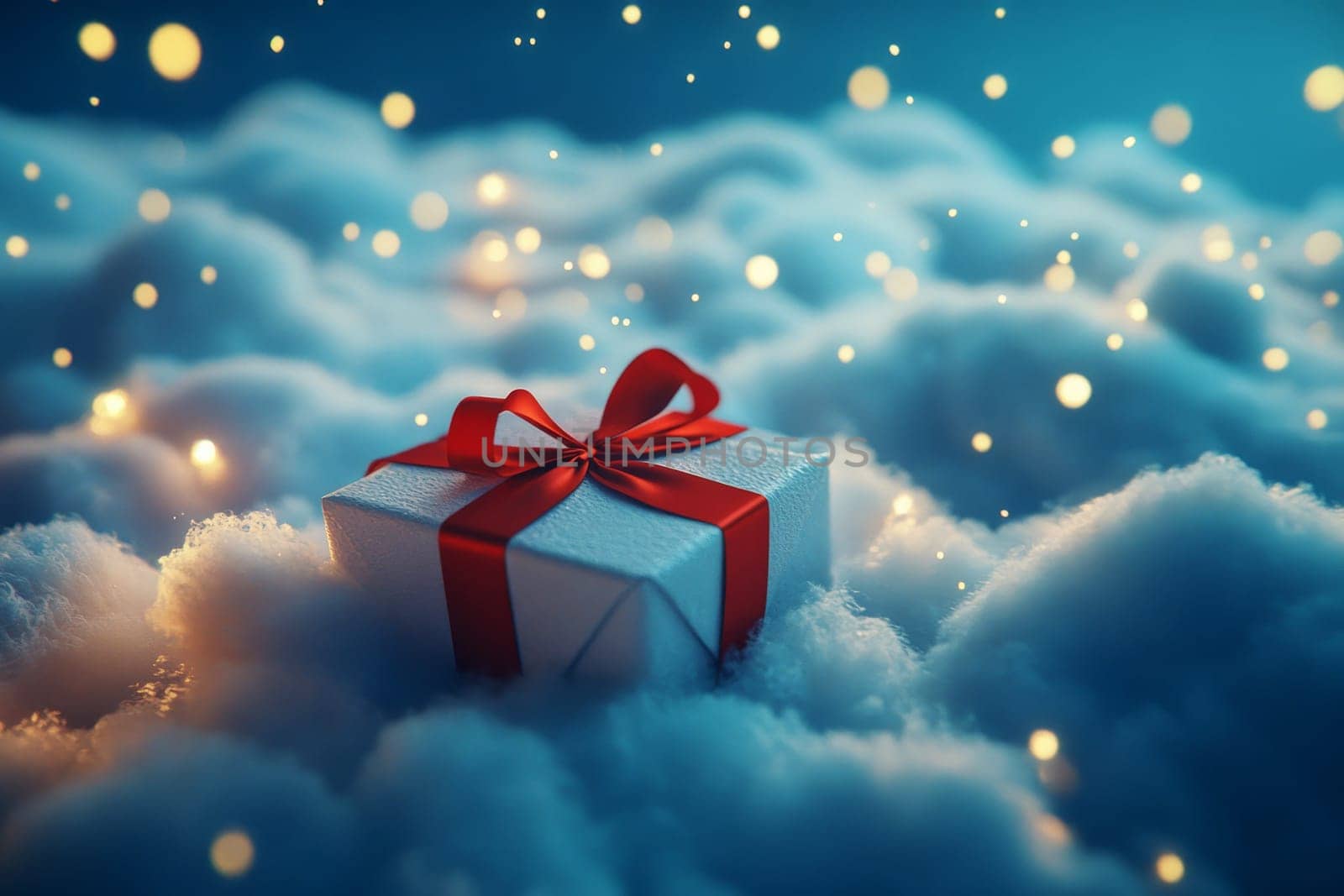 Dreamy Christmas Gift Box with Red Ribbon on Fluffy Clouds. High quality illustration