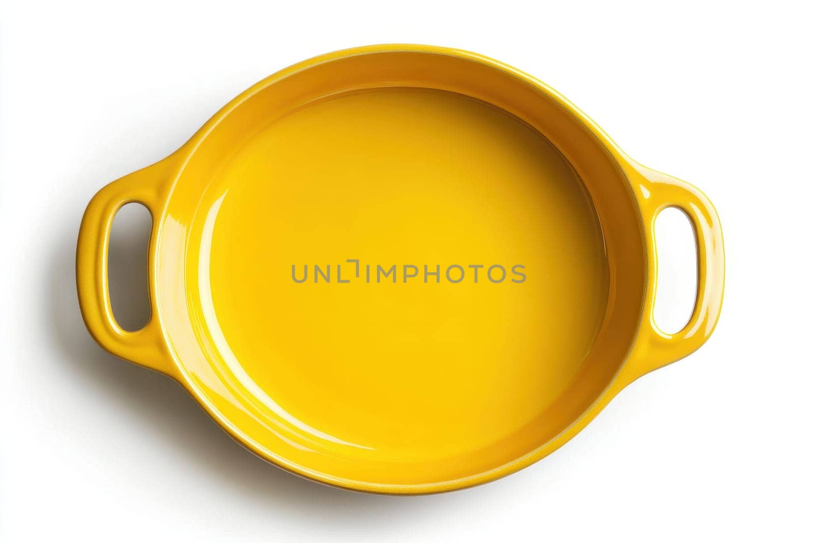 Bright yellow ceramic rectangular baking dish with ribbed handles, isolated on a white background, showcasing modern kitchenware for cooking and baking..