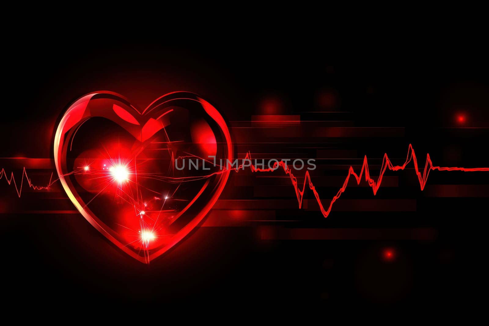 A radiant heart emitting a warm red glow, with an animated ECG line pulsating through its center, illuminating a deep black backdrop with soft light gradients..
