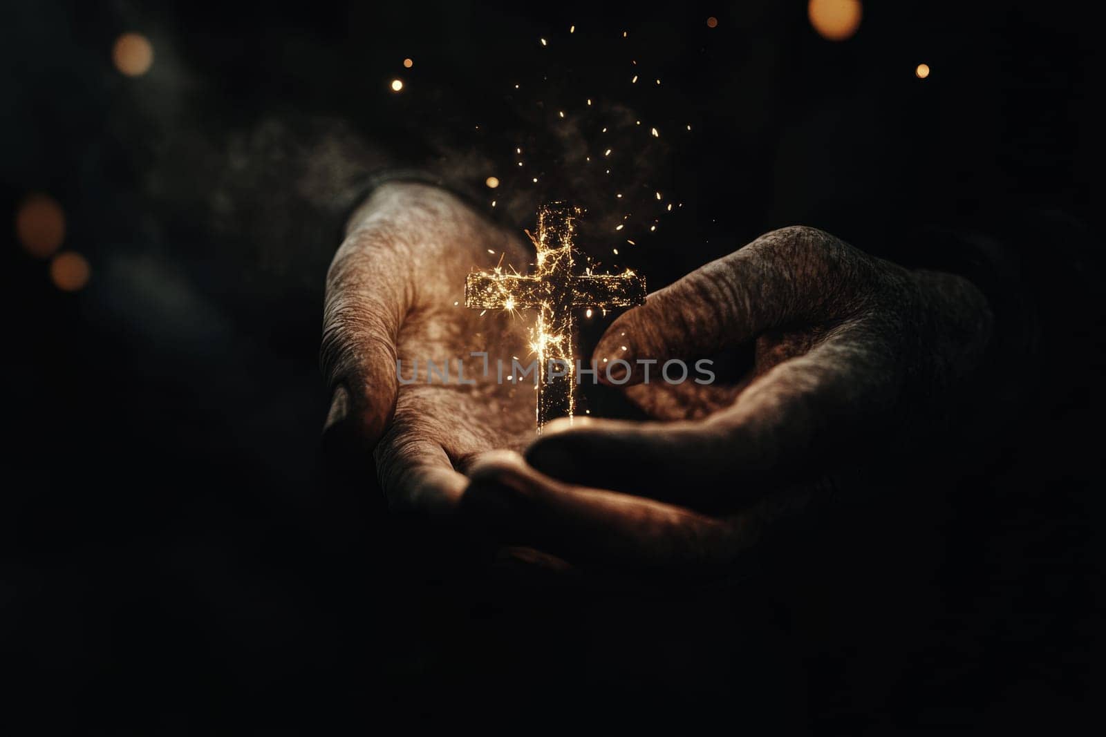 elderly Woman Holding a Glowing Cross. Symbol of Faith and Hope..