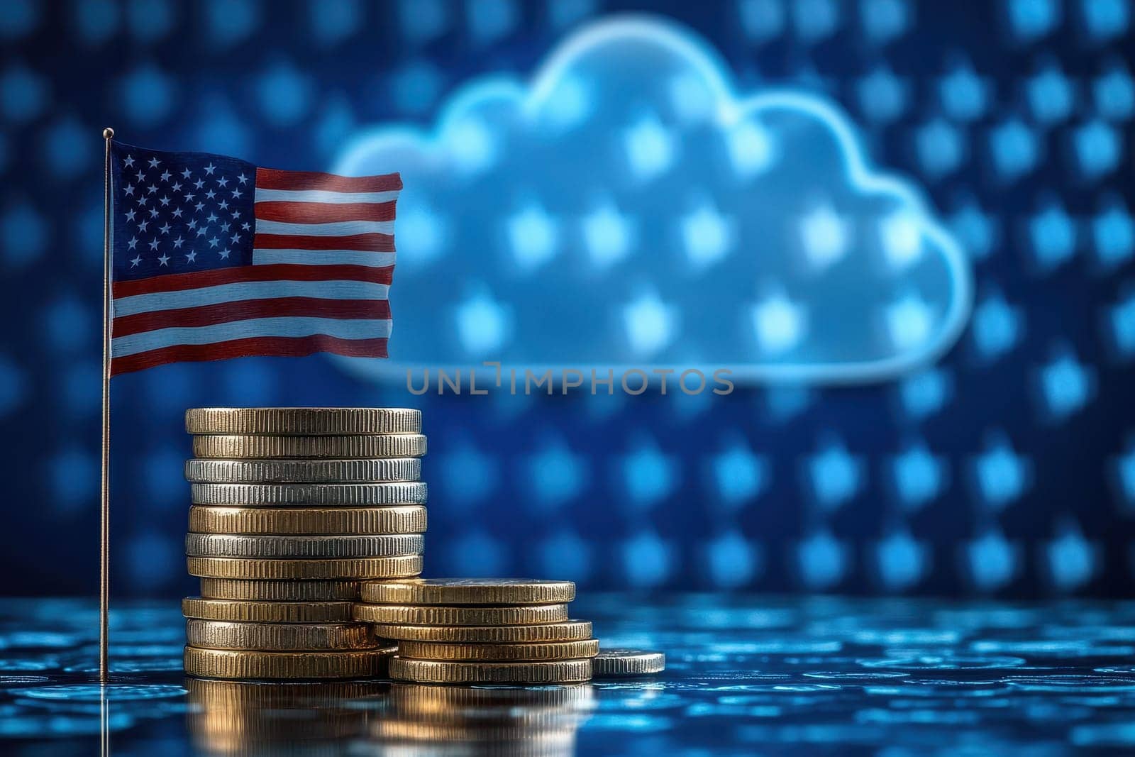 Blue glowing cloud computing with USA Flag icon on a pile of gold coins against blue blurred background..