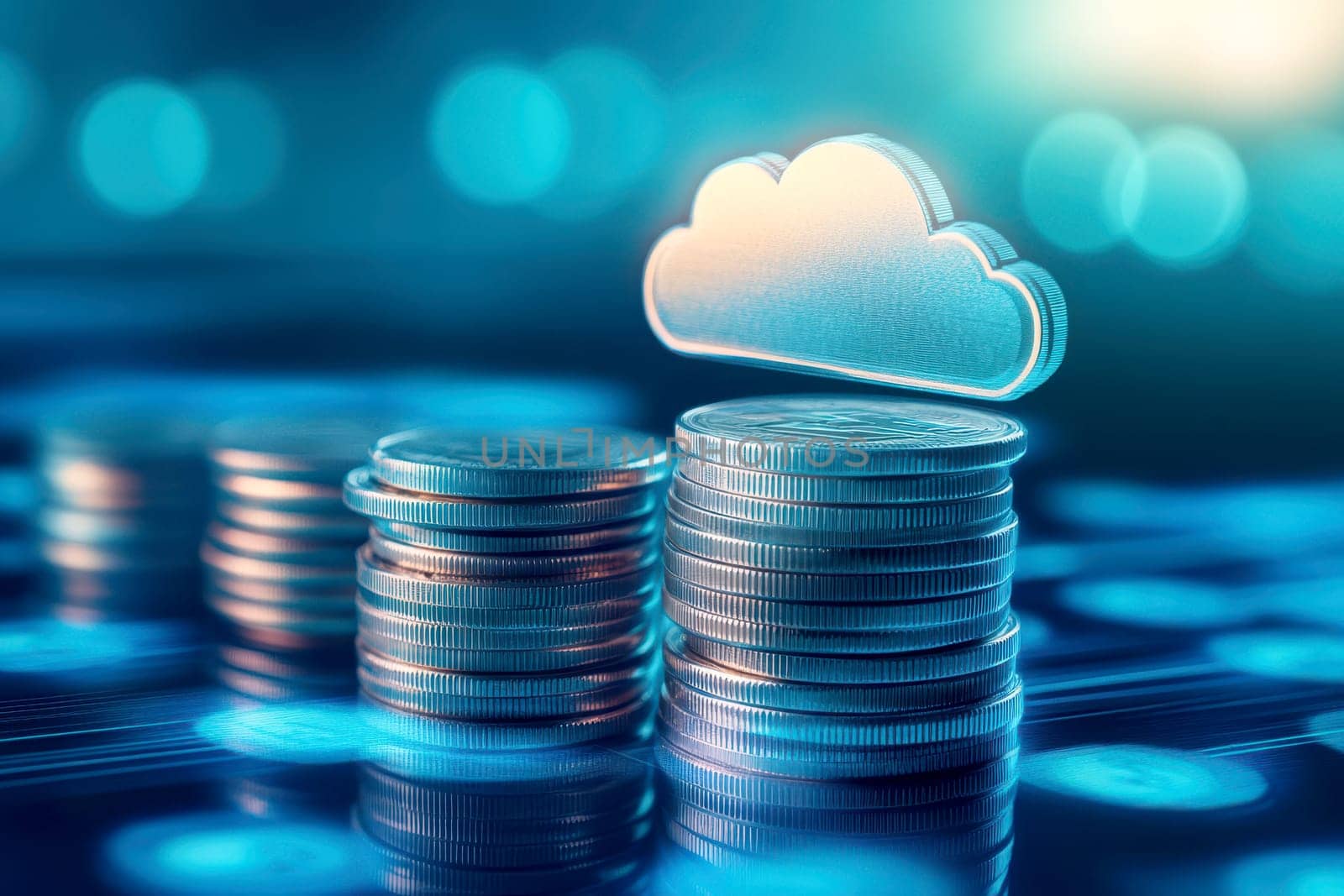 Blue glowing cloud computing icon on a pile of gold coins against blue blurred background..