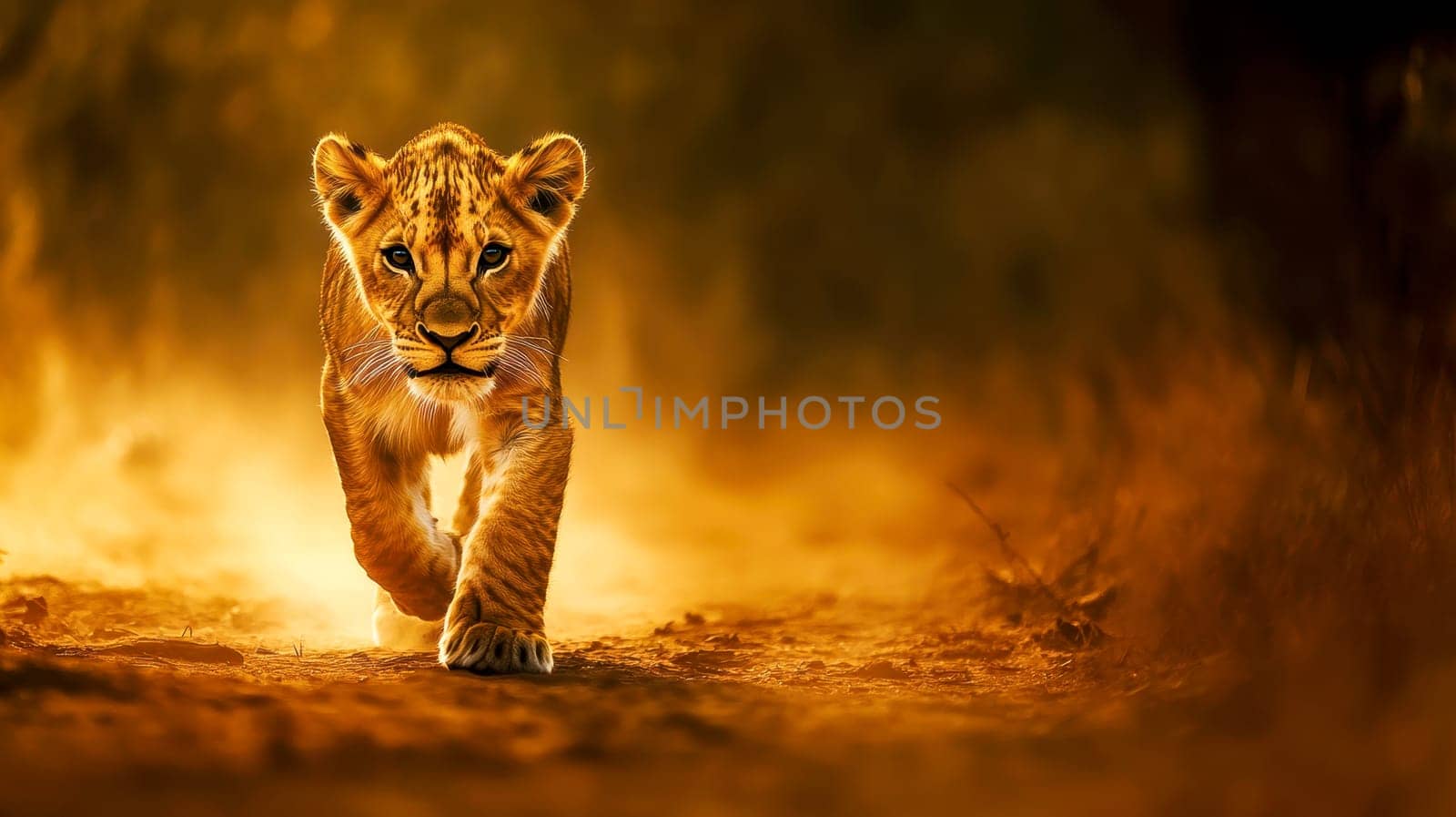 A adorable big lion cub walks across a dry grass field, gazing at the camera with an alert expression..
