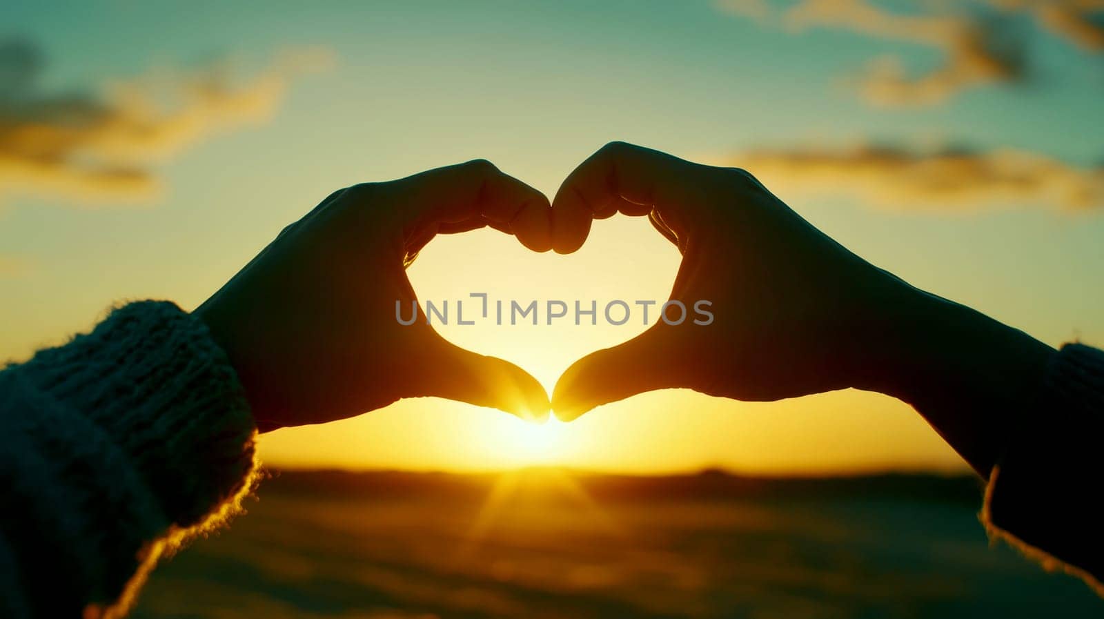 Two hands create a heart shape against a beautiful sunset background in a field of flowers, Couple making heart with hands..