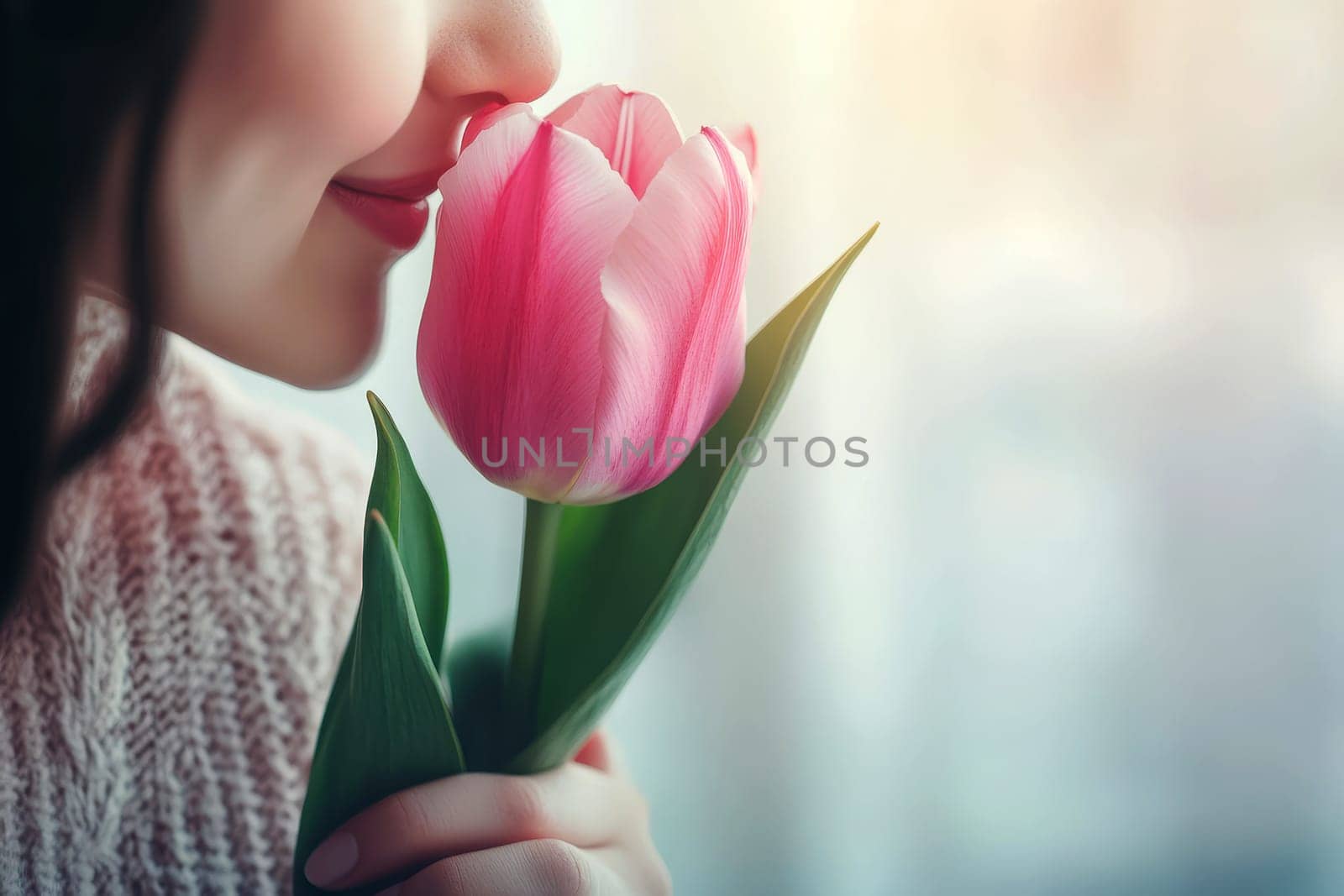 A single tulip held by a woman providing for text or design, viewed from above. image with copy space.