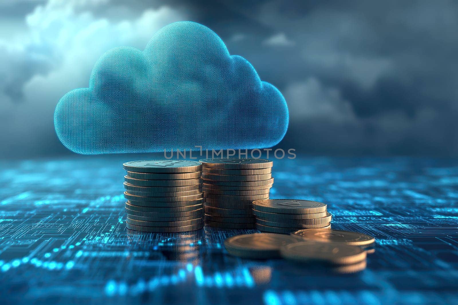 Blue glowing cloud computing icon on a pile of gold coins against blue blurred background..