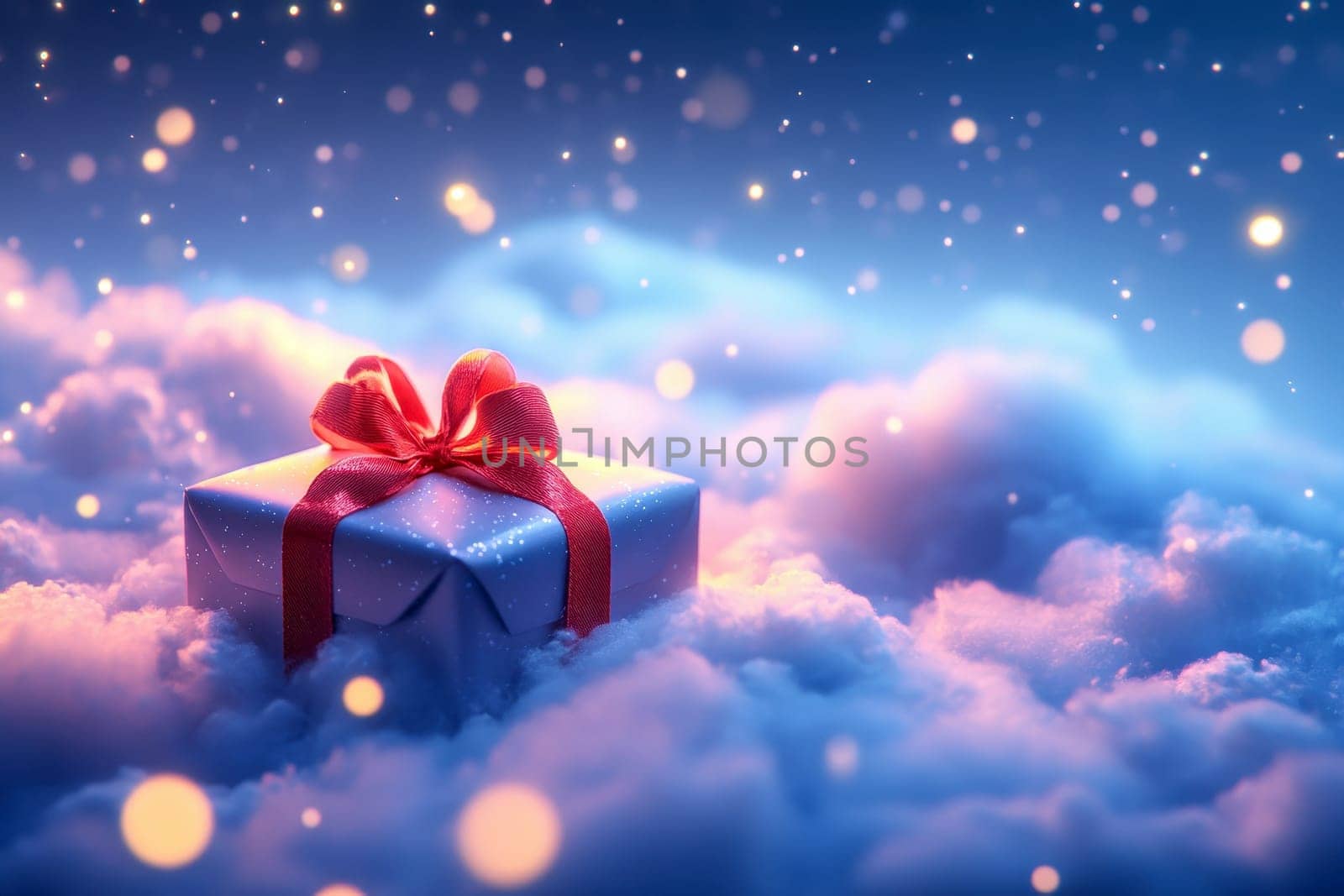 Dreamy Christmas Gift Box with Red Ribbon on Fluffy Clouds..