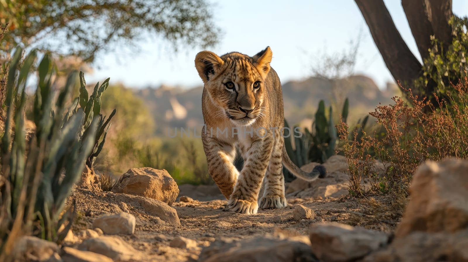 A adorable big lion cub walks across a dry grass field, gazing at the camera with an alert expression..