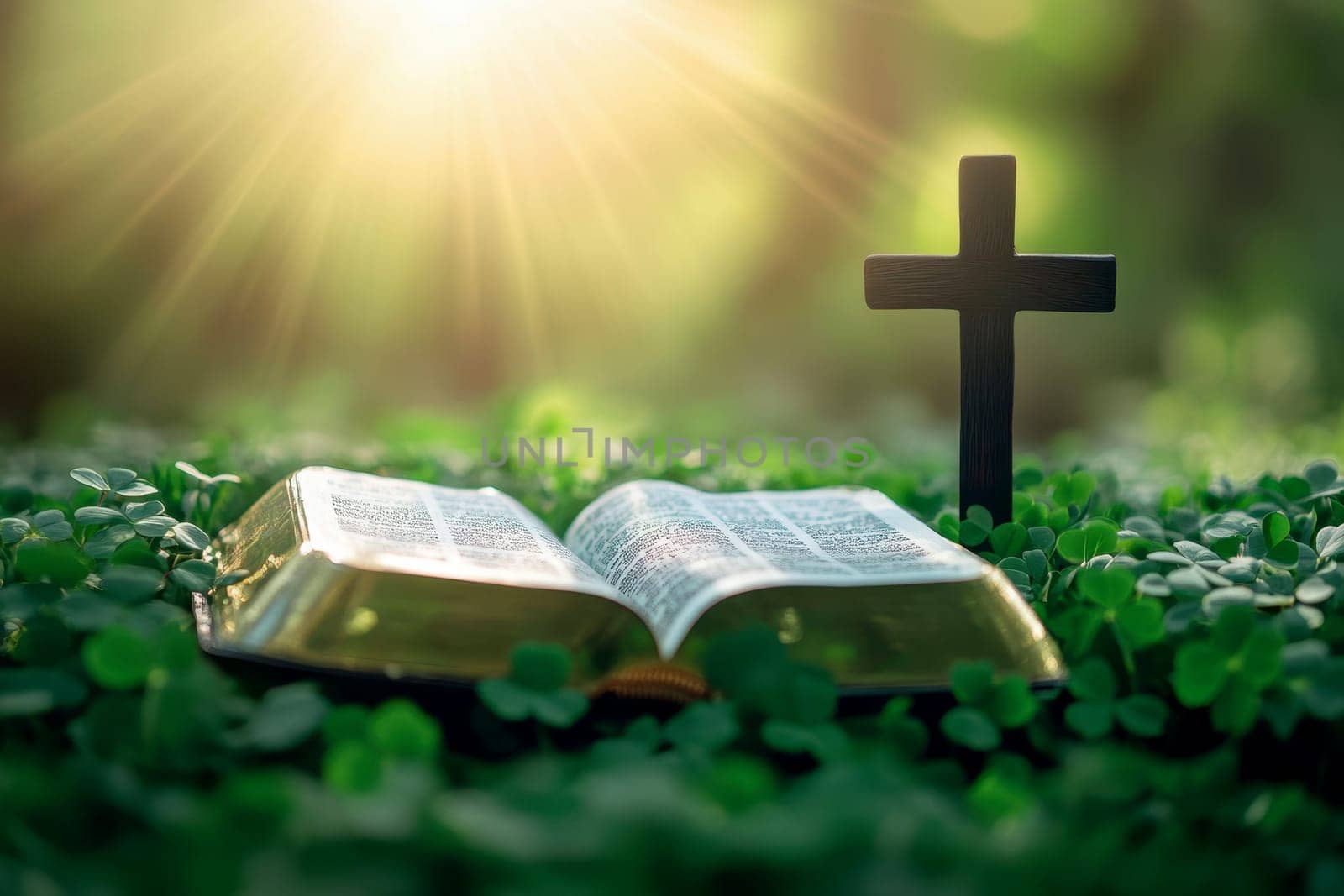 a bible book and a cross lying on the green clover leaves..
