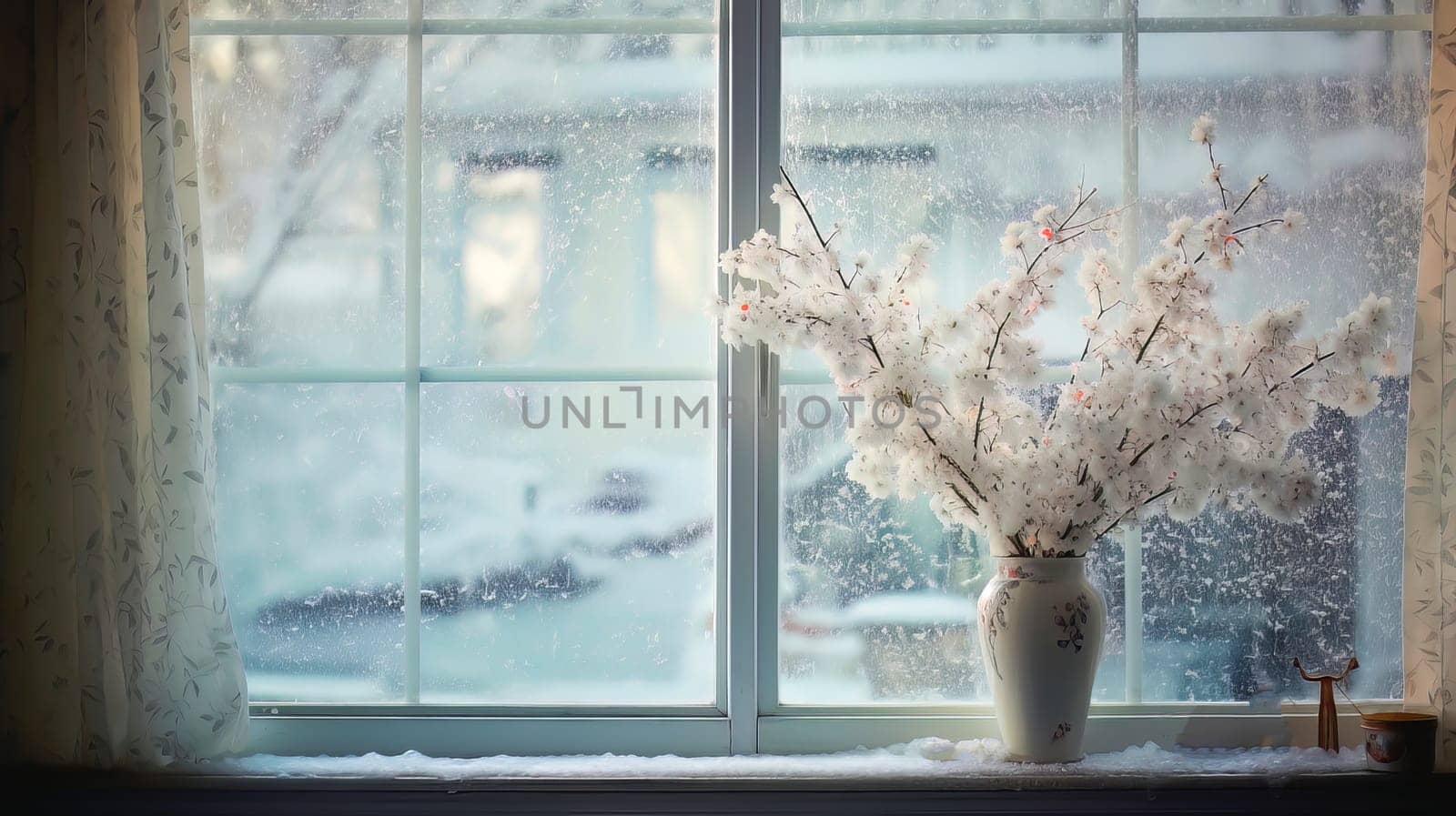 Snow outside the window on a winter day. Ai art