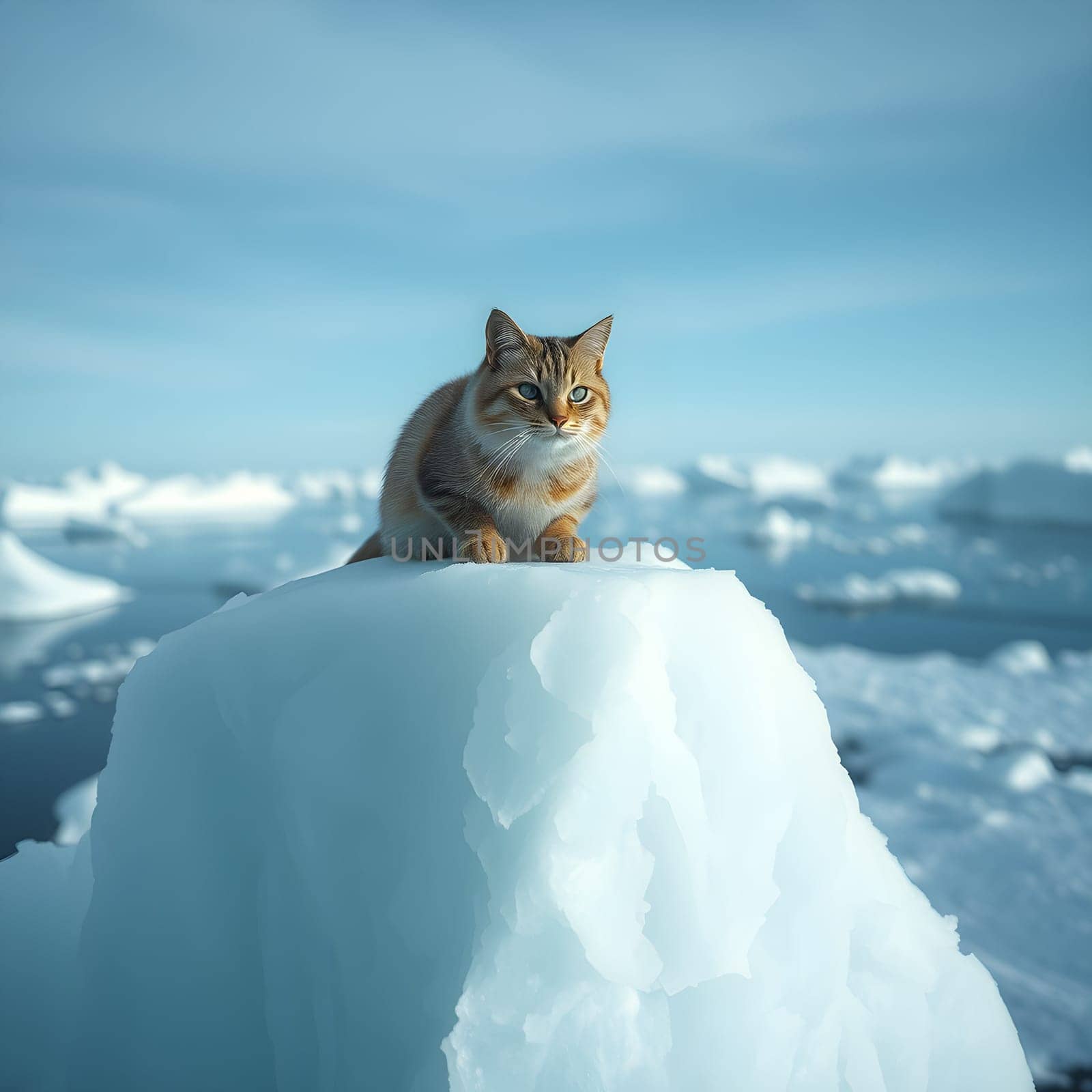wild cat sits on ice floe, animal nature. High quality photo