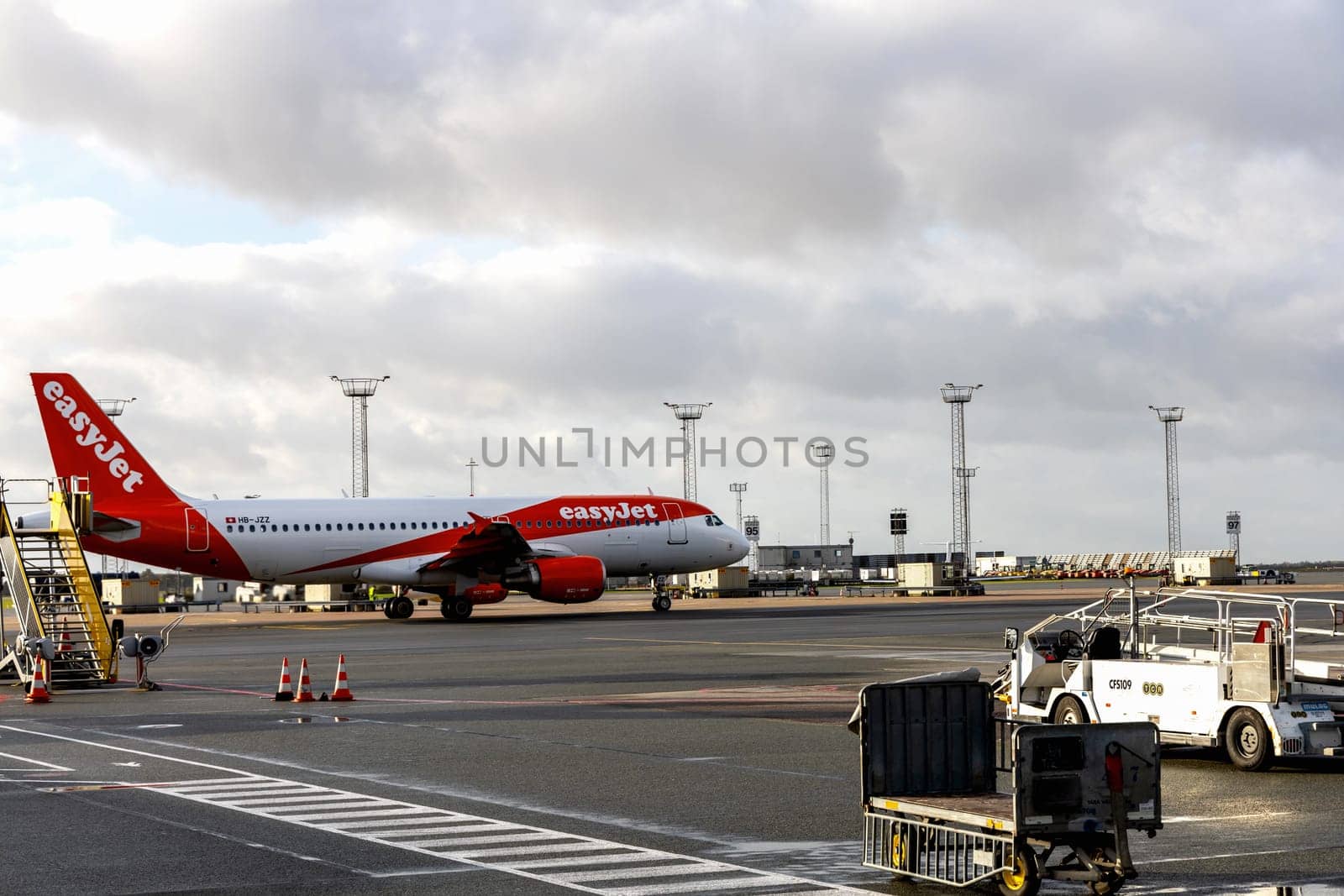 Easy Jet plane parked at Copenhagen airport. Copenhagen, Denmark - November 10, 2024
