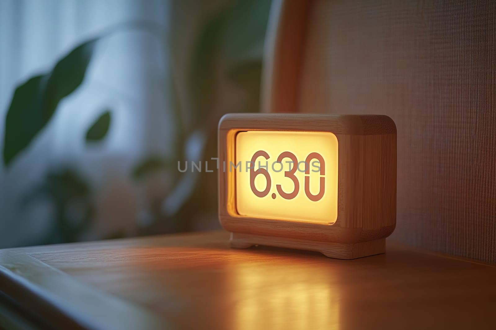 Digital clock with numbers 6.30 on display on wooden bedside table